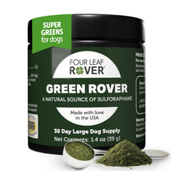 Four Leaf Rover Green Rover tub label highlights premium greens for daily immune support.