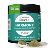 Four Leaf Rover Harmony bottle front view for dogs, highlighting histamine support for itchy skin.