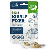 Four Leaf Rover Kibble Fixer topper on dry dog kibble for tasty digestion support