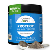 Four Leaf Rover Protect tub packaging highlighting gut health support for dogs.