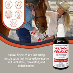 Four Oaks Farm Ventures spray on a horse leg for soothing sore muscles after exercise.