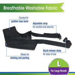 Four Paws Walk-About muzzle side adjustment highlights easy quick-fit tuning for large breeds.
