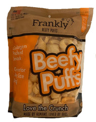 Frankly Cheddar Cheese Beefy Puffs 5oz pack shot, USA-made collagen-packed dog snack.