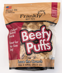Frankly Venison Beefy Puffs bag front shows collagen-packed dog snack