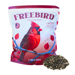 FREEBIRD Wild Bird Seed 5lb bag closeup — premium mix for colorful backyard birds.