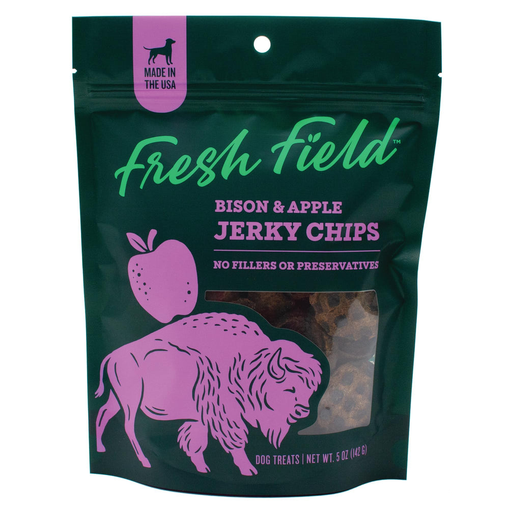 Fresh Field bison and apple jerky chips pack shows all-natural ingredients for training rewards