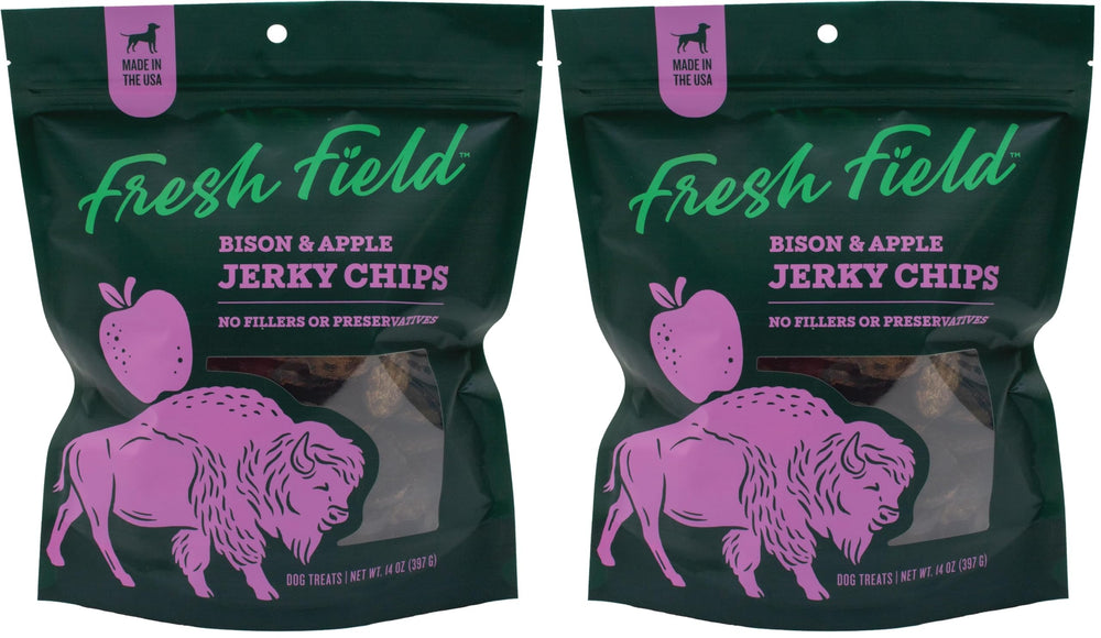 Fresh Field Bison & Apple Jerky Chips pack shows USA-made dog treats ideal for training rewards.