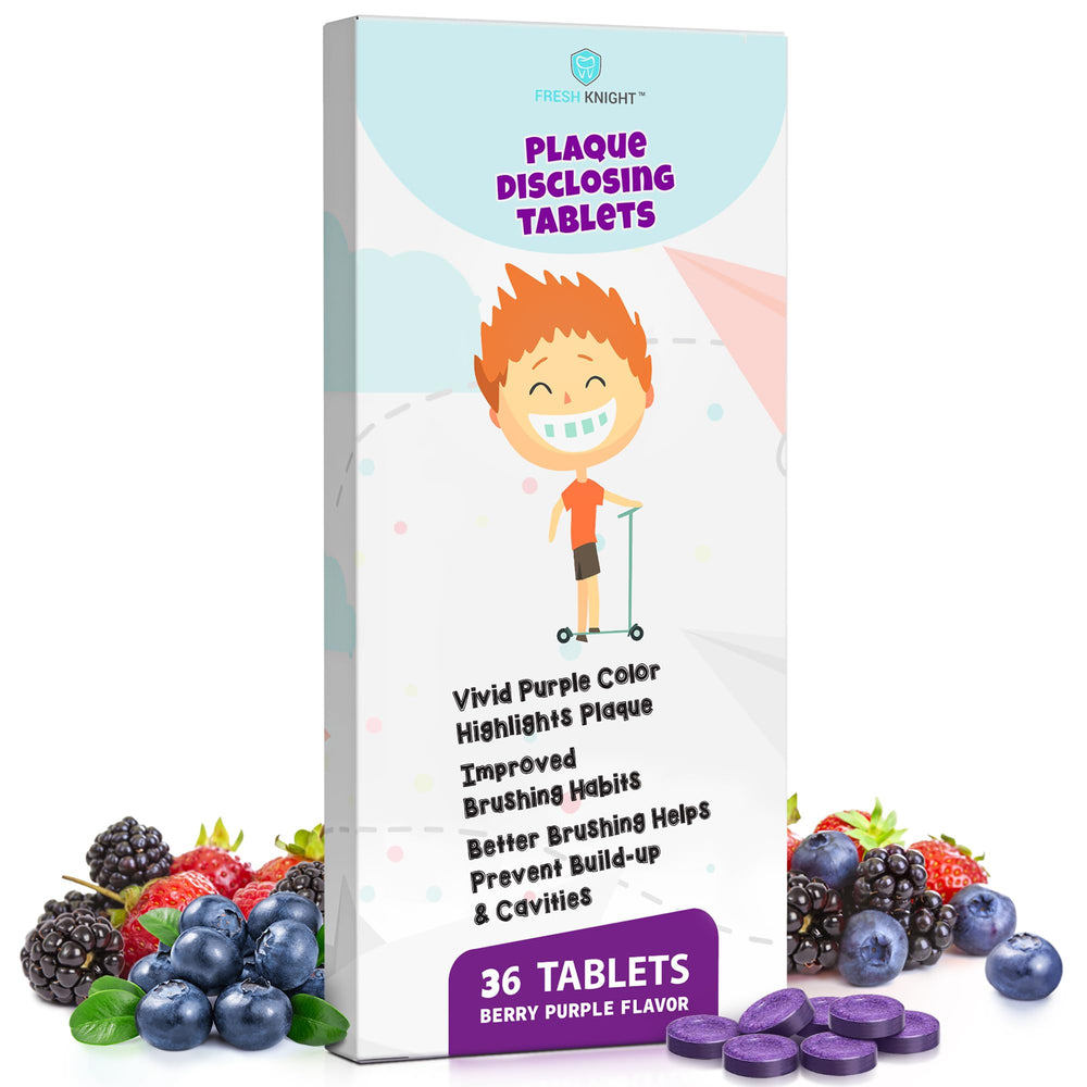 Fresh Knight plaque tablets show plaque to guide thorough brushing for a brighter smile.