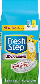 Fresh Step scented non-clumping clay cat litter 7lb bag pour showing long-lasting odor control.