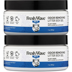 Fresh Wave litter box gel two 7oz bottles ready for odor control, safely reducing pet smells.