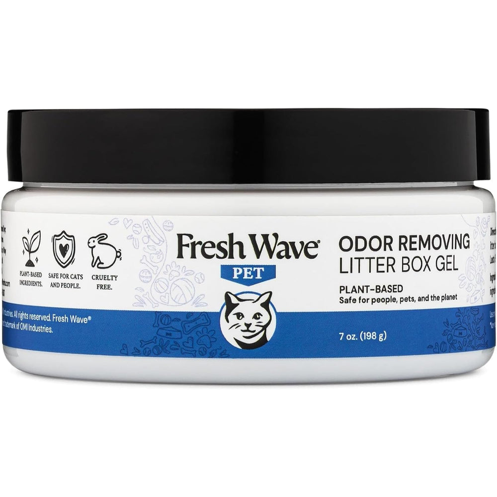 Fresh Wave litter box gel bottle demonstrates plant-based odor control for homes.