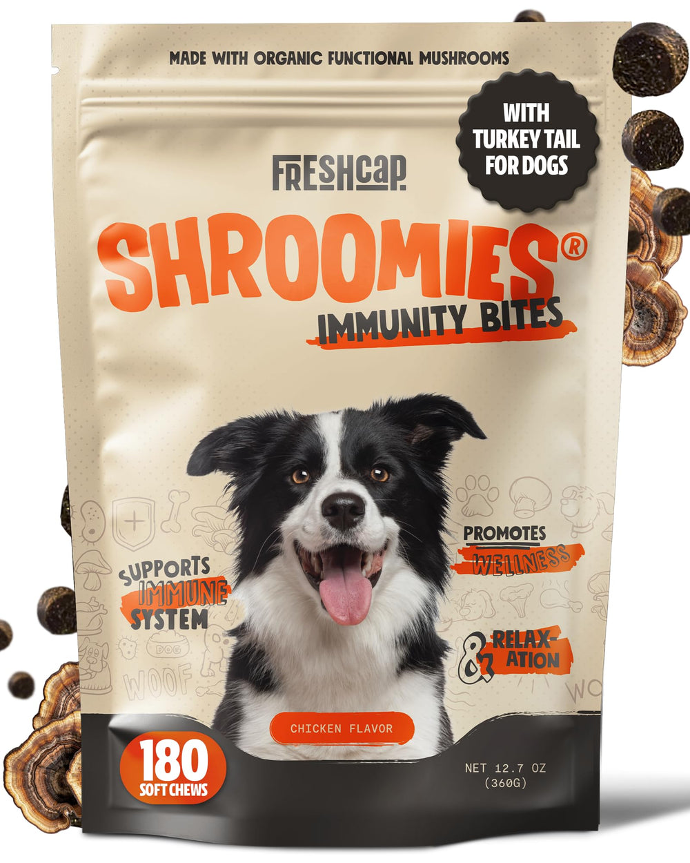 FreshCap Mushrooms Shroomies turkey tail bottle showing immune support for dogs