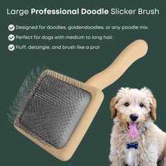 Freshly Bailey Doodle Slicker Brush long pins close-up for deep brushing on medium to long coats.