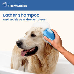 Close-up of Freshly Bailey rubber curry brush tips deshedding a short-haired dog's fur.