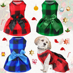Frienda Christmas plaid dog dress red bowknot on small pup for holiday photos