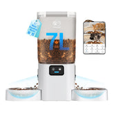 Frienhund automatic feeder front view with dual bowls for peaceful multi-pet meals.
