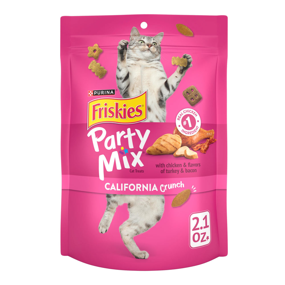 Friskies Party Mix California Crunch chicken pouch open for a quick cat snack.
