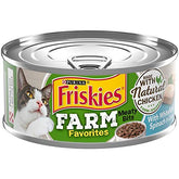 Friskies Farm Favorites cans close-up showing meaty bites in gravy for adult cats.