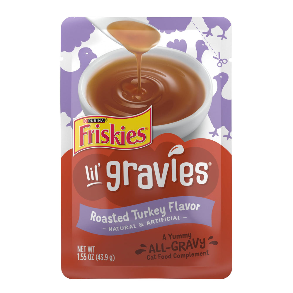Friskies Lil' Gravies Roasted Turkey Flavor pouch pours gravy to top dry kibble
