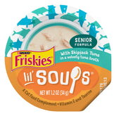 Friskies Lil' Soups skipjack tuna cup velvety broth, enticing senior-cat snack.