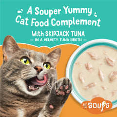 Friskies Lil' Soups skipjack tuna tender morsels, easy-chew for aging teeth.