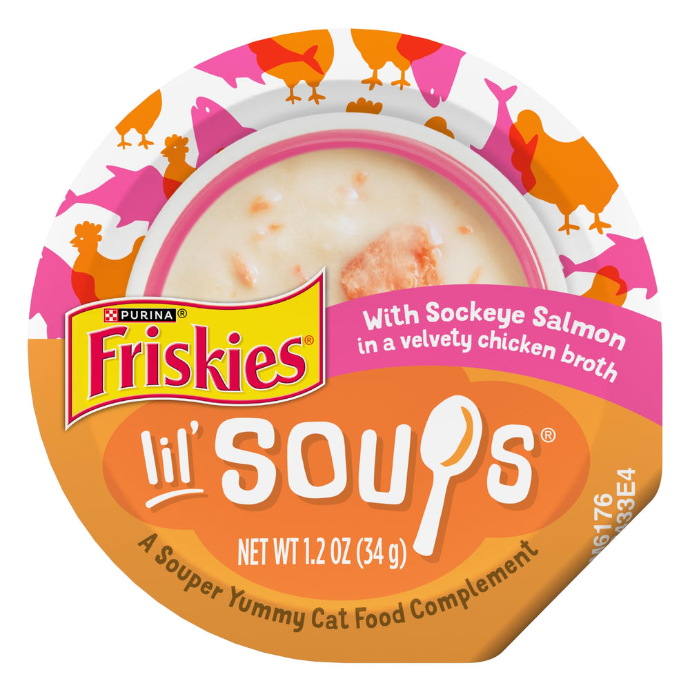 Friskies Lil' Soups sockeye salmon in broth cup visuals show a savory flavor boost