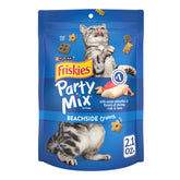 Friskies Party Mix Beachside Crunch bag shows real ocean whitefish and seafood flavors for cats.