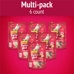 Friskies Party Mix Mixed Grill Crunch pack six pouches shown for convenient daily rewards.