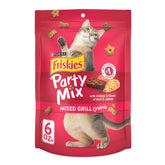 Friskies Party Mix Mixed Grill Crunch treats in a bowl highlight real chicken first ingredient.