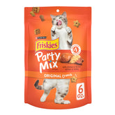 Friskies Party Mix Original Crunch cat treats in a bowl for snack time.