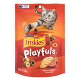 Friskies Playfuls front-pack 6oz pouch inviting interactive play with chicken and liver flavor