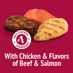 Friskies Real chicken first ingredient label signals wholesome protein in bites.