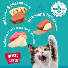 Friskies Tasty Treasures Prime Filets ocean fish-tuna close-up showing savory gravy