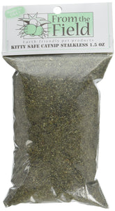 From The Field Fine Ground Stalkless Catnip bag closeup highlighting fresh, potent aroma for playtime.