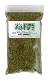From The Field fine ground stalkless catnip bag showcases rich aroma for playful sessions