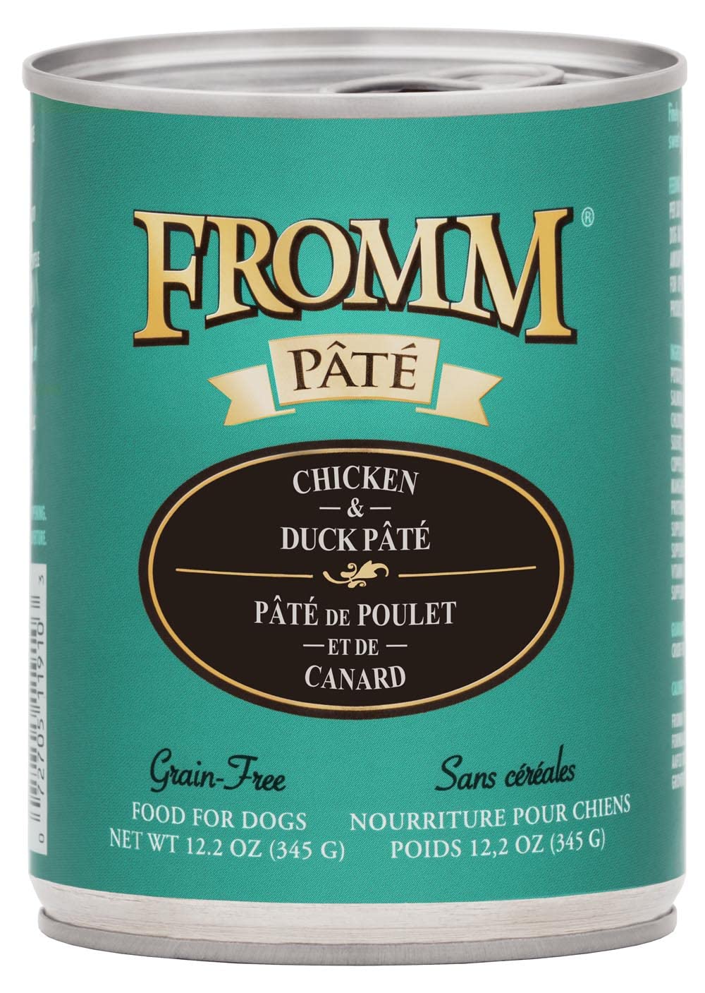 Fromm Chicken & Duck Pate can closeup highlights premium palatable texture for dogs of all ages