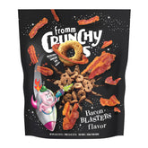 Fromm Crunchy Os Bacon Blasters bag closeup shows premium packaging for freshness.