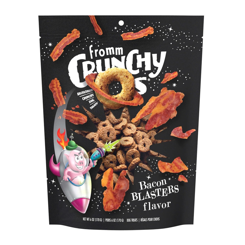 Fromm Crunchy Os Bacon Blasters bag front highlights premium bacon flavor for training rewards.