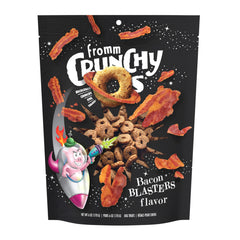 Fromm Crunchy Os Bacon Blasters bag front highlights premium bacon flavor for training rewards.