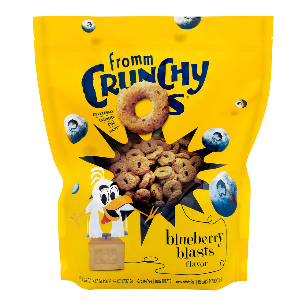 Fromm Crunchy Os Blueberry Blasts packaging resealable bag keeps treats fresh for on-the-go rewards.