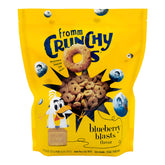 Fromm Crunchy Os Blueberry Blasts packaging resealable bag keeps treats fresh for on-the-go rewards.