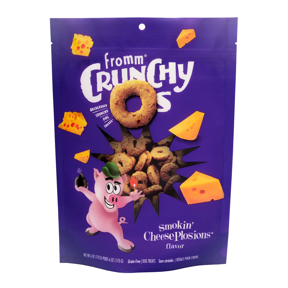 Fromm Crunchy Os Smokin' CheesePlosions bag front highlights premium pork recipe for all dogs.