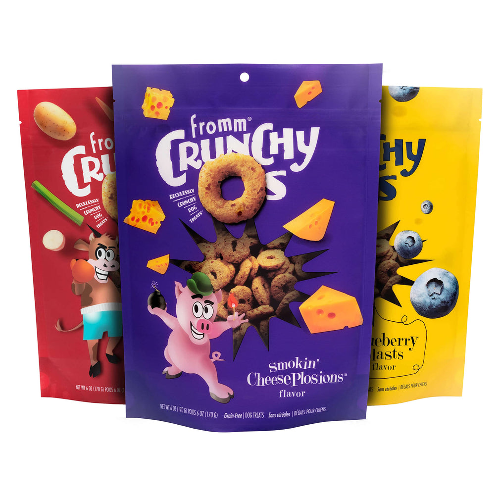 Fromm Crunchy Os variety-pack dog treats three flavors in 6 oz bags for versatile rewards.