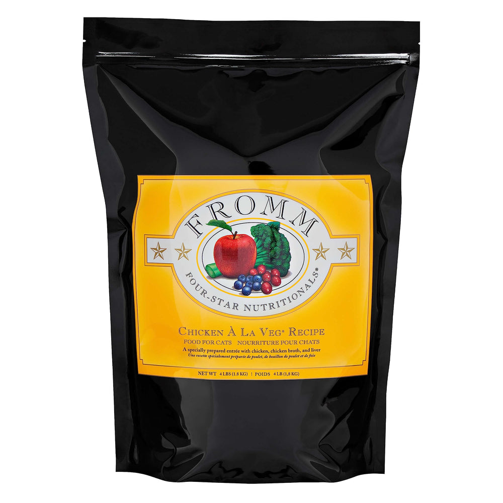 Fromm Four-Star Chicken A La Veg packaging shows trusted Wisconsin-made cat food for all life stages.