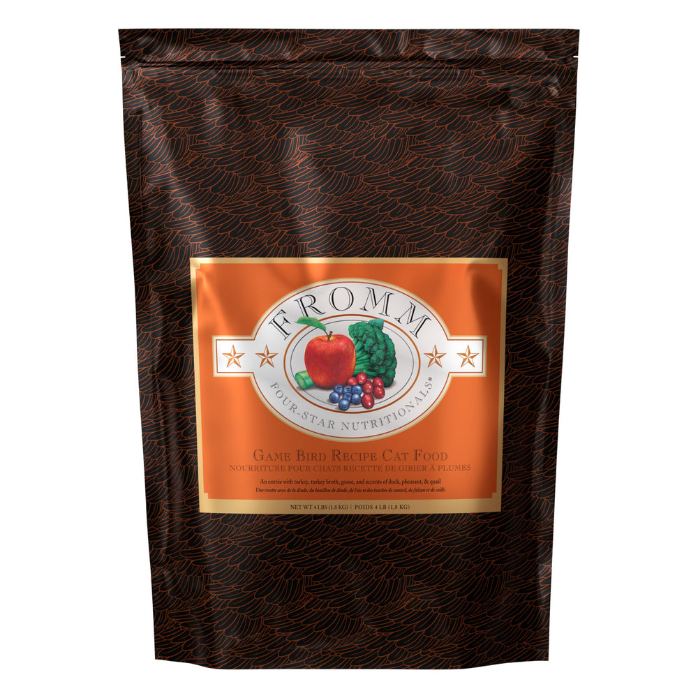 Fromm Four-Star Grain-Free Game Bird dry cat food bowl ready for serving a flavorful meal.