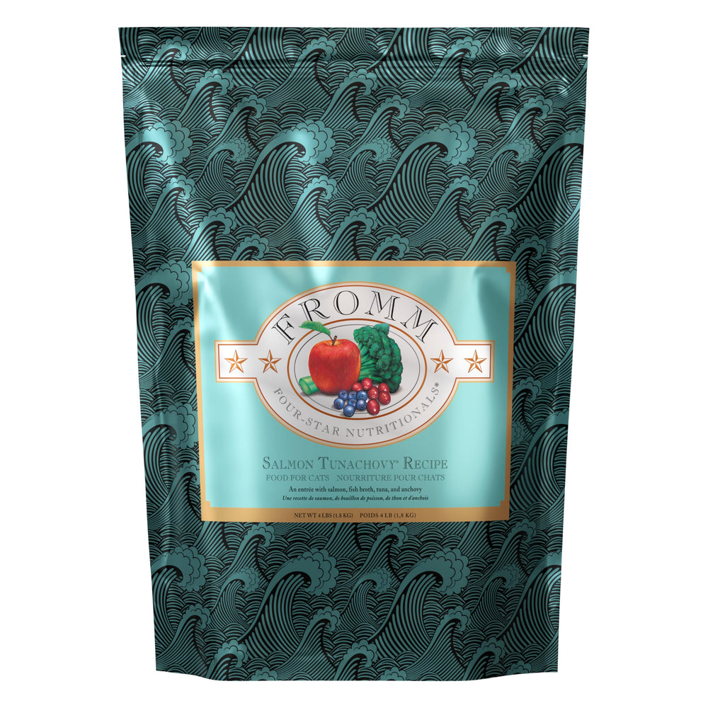 Fromm Four-Star Salmon Tunachovy bowl shows appetizing kibble blend for meals