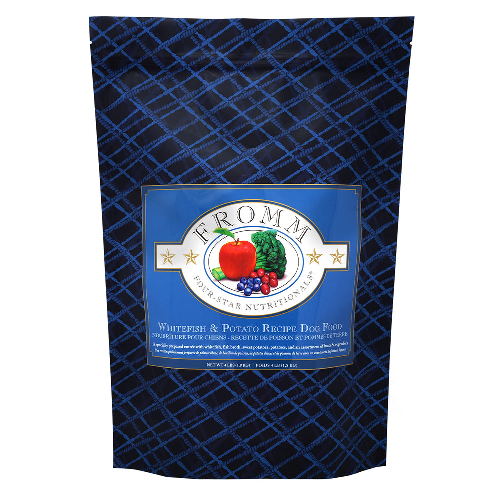Fromm Four-Star Whitefish-Potato dry dog food bag highlights premium nutrition for all life stages.