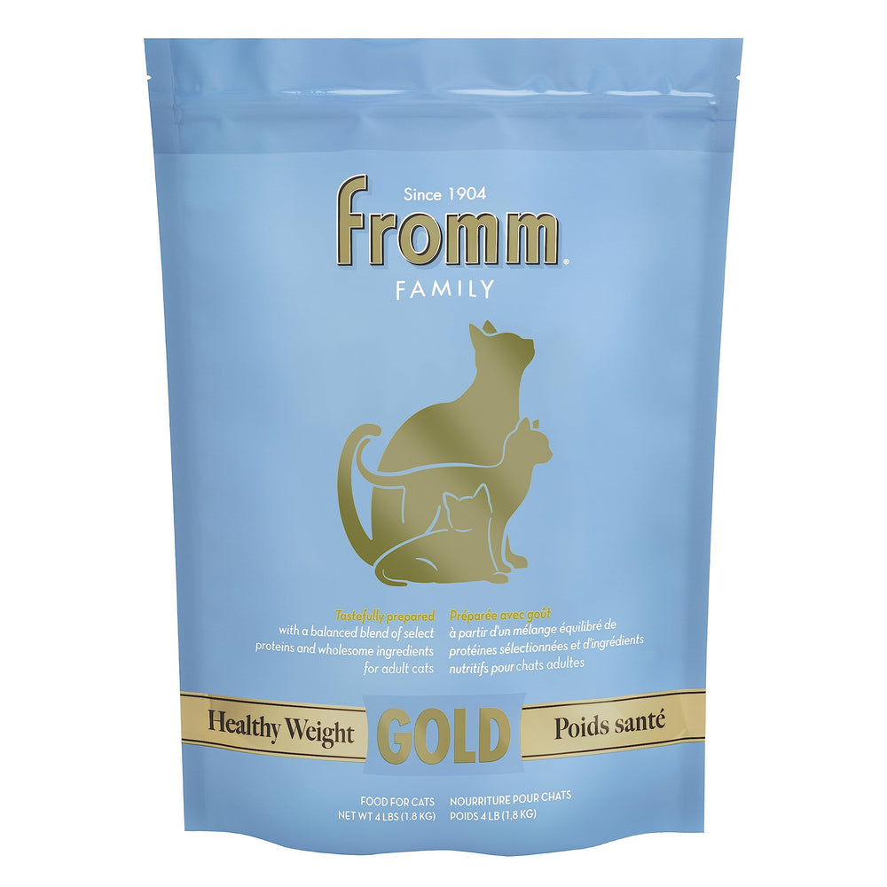 Fromm Healthy Weight Gold dry cat food bag with premium chicken recipe for weight management.