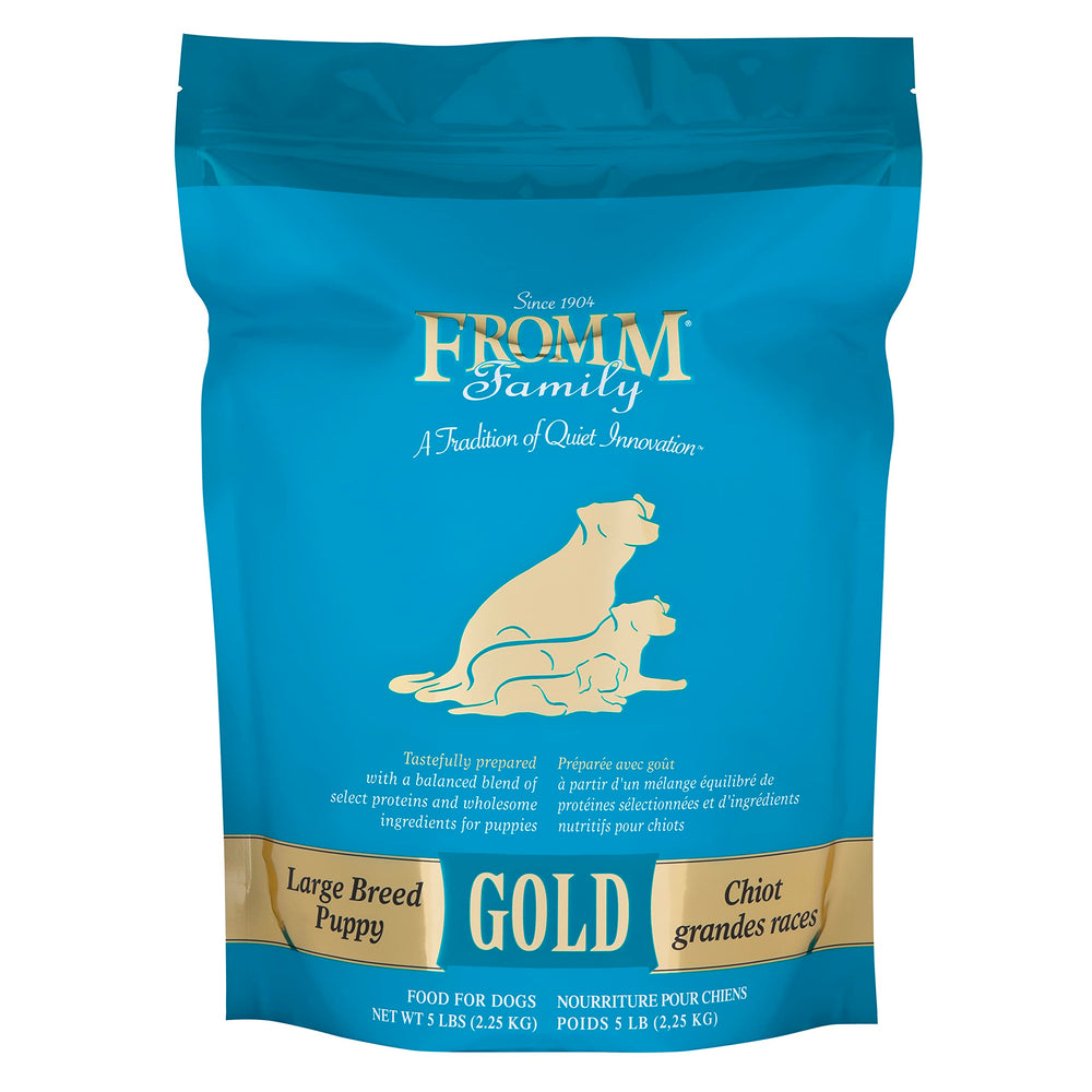 Fromm Large Breed Puppy Gold chicken-recipe-bag shows premium ingredients for growth.