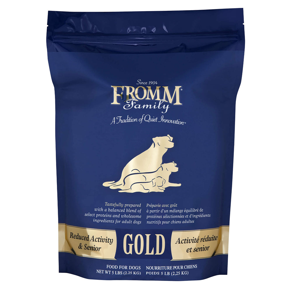 Fromm Reduced-Activity Senior Gold chicken kibble in bowl for easy feeding